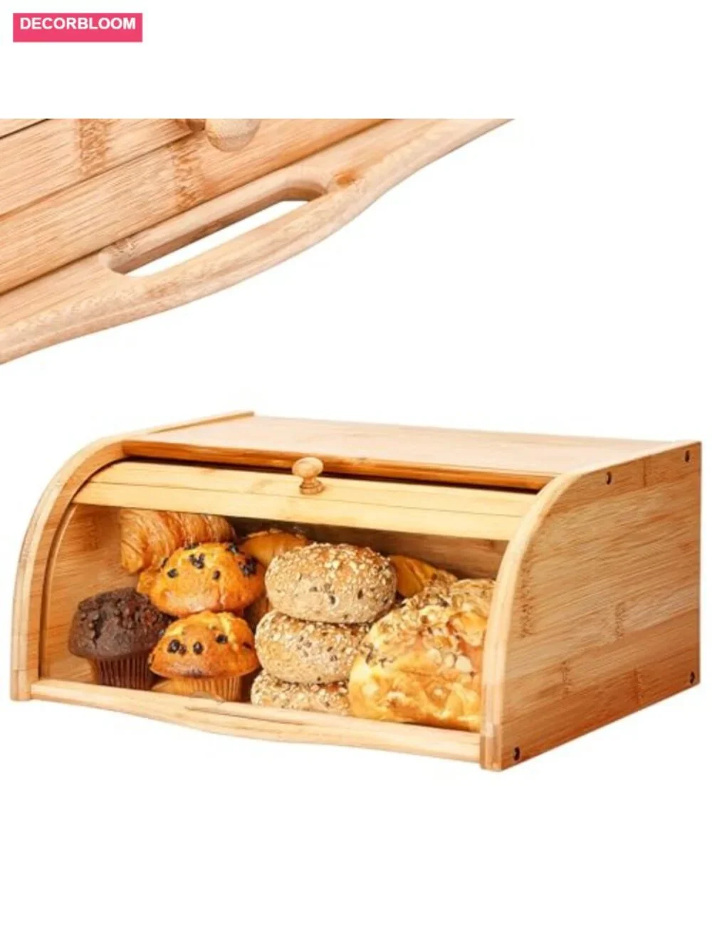Bamboo Bread Box with Roll-Top Vintage Style Breadbox for Kitchen Counter